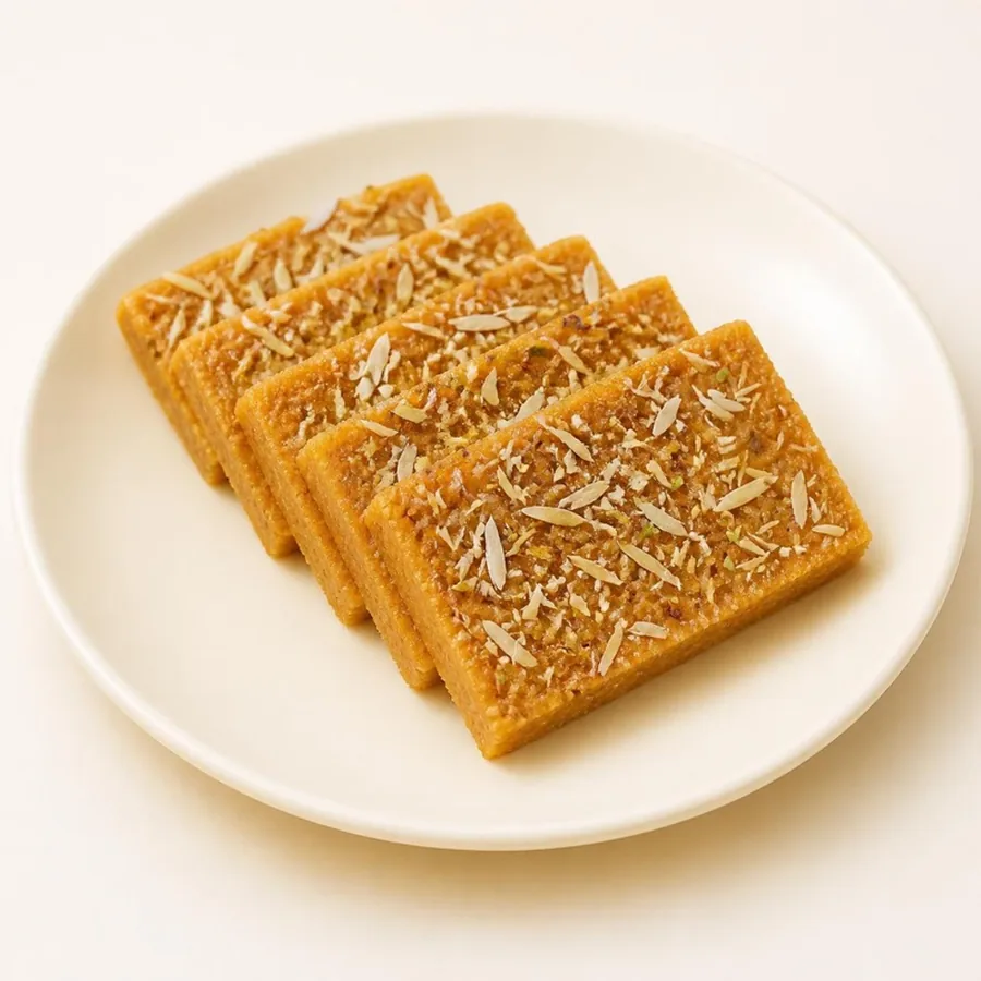 Almond & Pistachio Slab Sweet on an ivory plate — Annapoorna Sweets