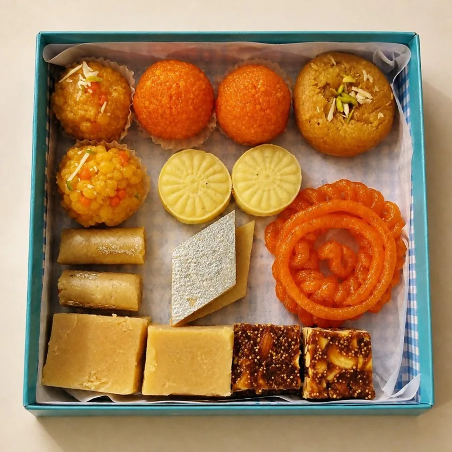 Assorted Mithai Box on an ivory plate — Annapoorna Sweets