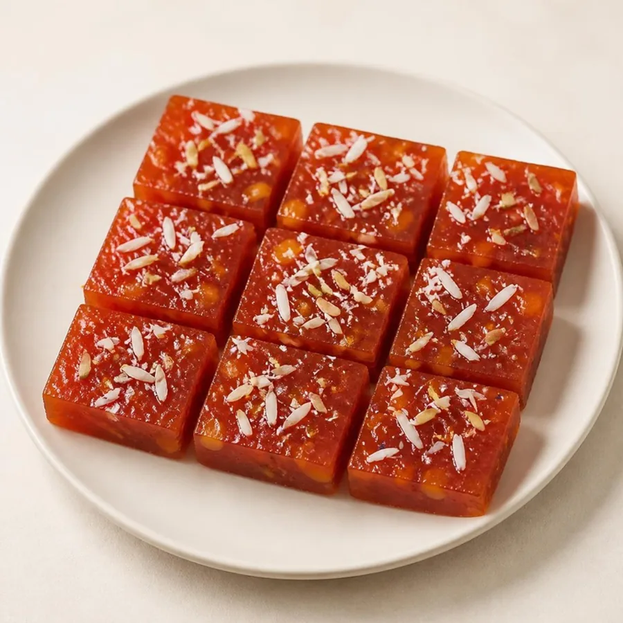 Bombay Karachi Halwa on an ivory plate — Annapoorna Sweets