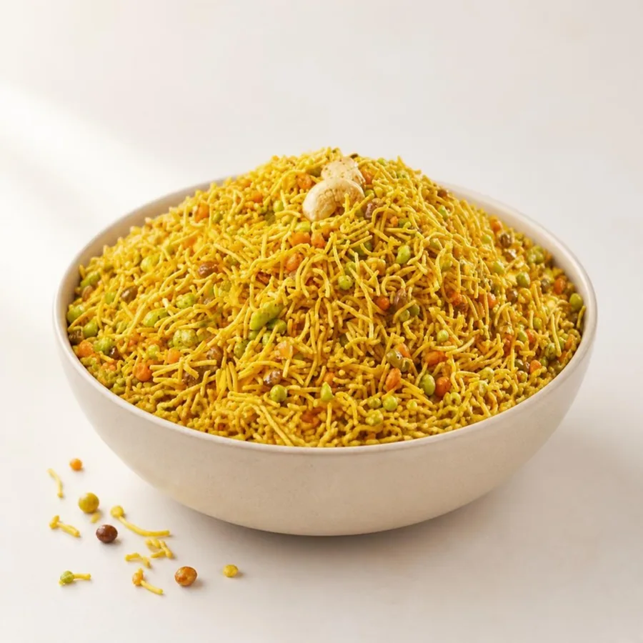 Bombay Mixture on an ivory plate — Annapoorna Sweets