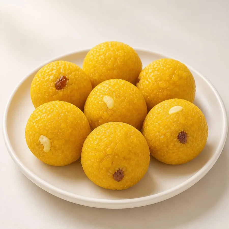 Boondi Laddu on an ivory plate — Annapoorna Sweets