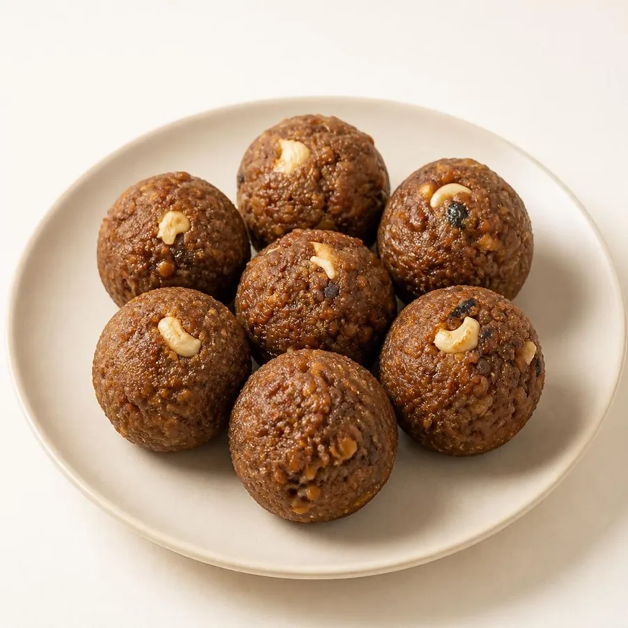 Cashew-Studded Laddu on an ivory plate — Annapoorna Sweets