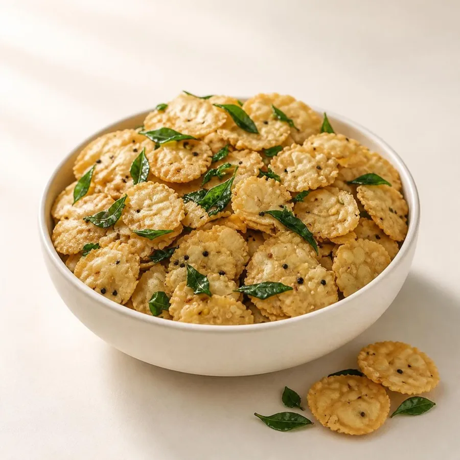 Curry Leaf Crisps on an ivory plate — Annapoorna Sweets