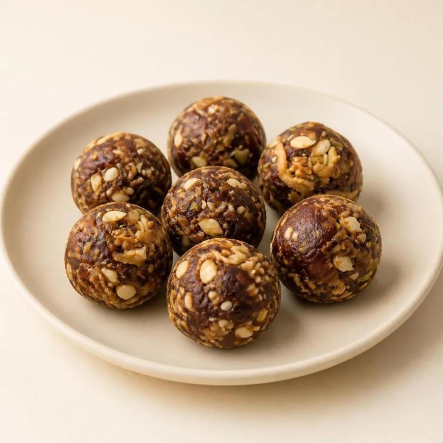 Date & Nut Laddu on an ivory plate — Annapoorna Sweets