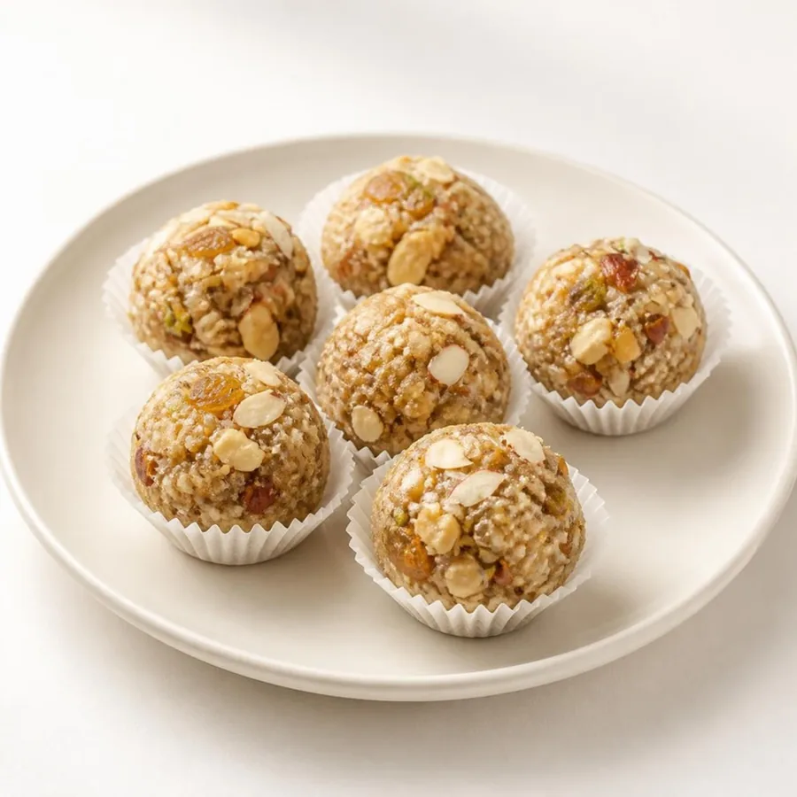 Dry Fruit Laddu on an ivory plate — Annapoorna Sweets