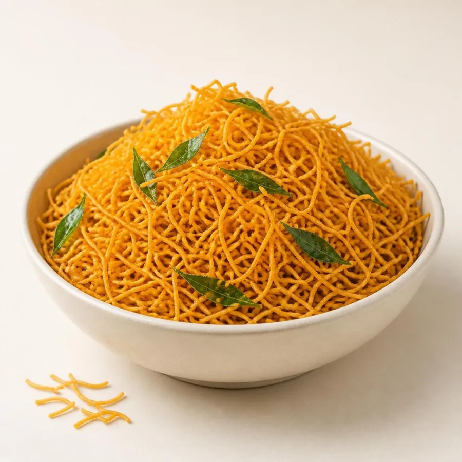 Fine Sev on an ivory plate — Annapoorna Sweets