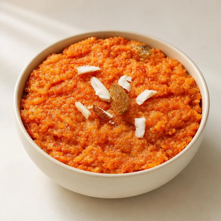 Gajar Halwa on an ivory plate — Annapoorna Sweets