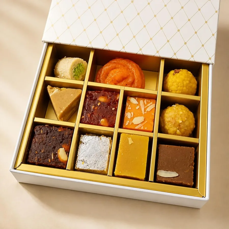 Gold Grid Gift Box on an ivory plate — Annapoorna Sweets