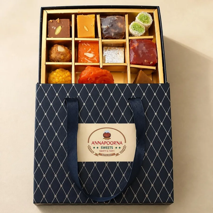 Grand Assortment Box on an ivory plate — Annapoorna Sweets