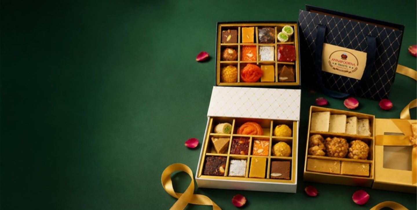 Annapoorna mithai gift boxes with assorted sweets