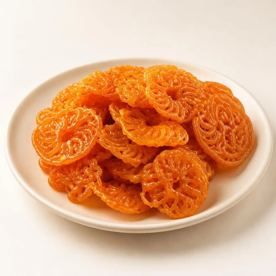 Jalebi on an ivory plate — Annapoorna Sweets