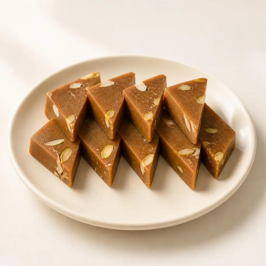 Kaju Anjeer Burfi on an ivory plate — Annapoorna Sweets