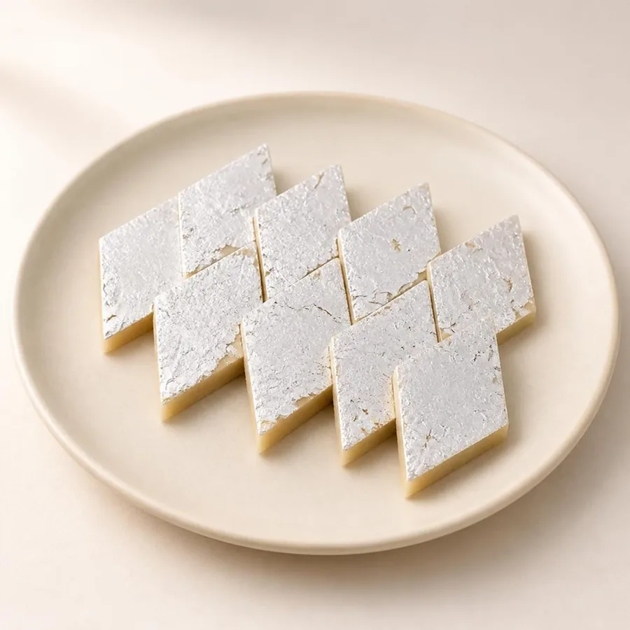 Kaju Katli on an ivory plate — Annapoorna Sweets