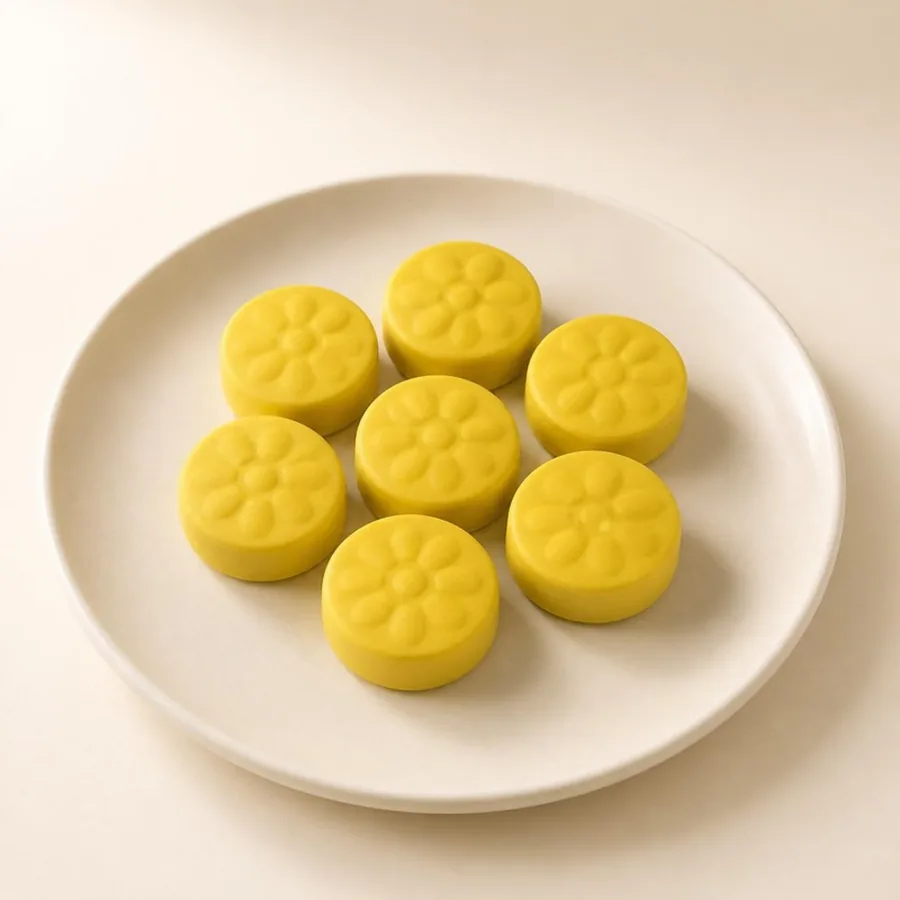 Kesar Peda on an ivory plate — Annapoorna Sweets