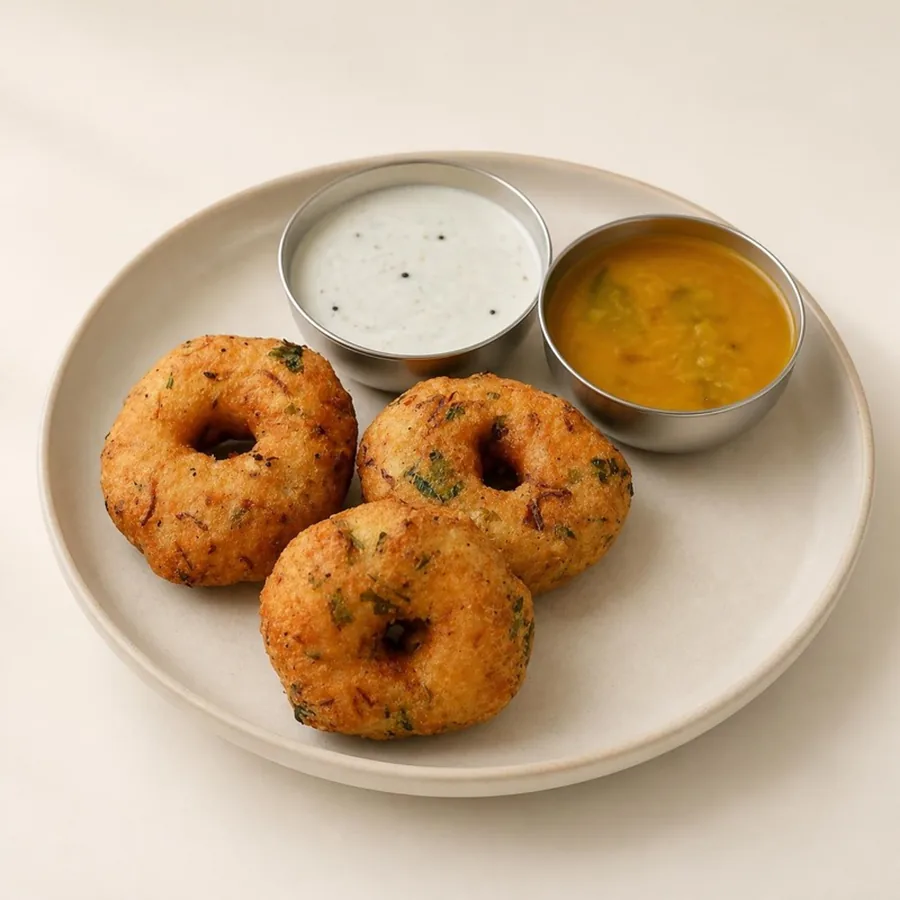 Medu Vada on an ivory plate — Annapoorna Sweets