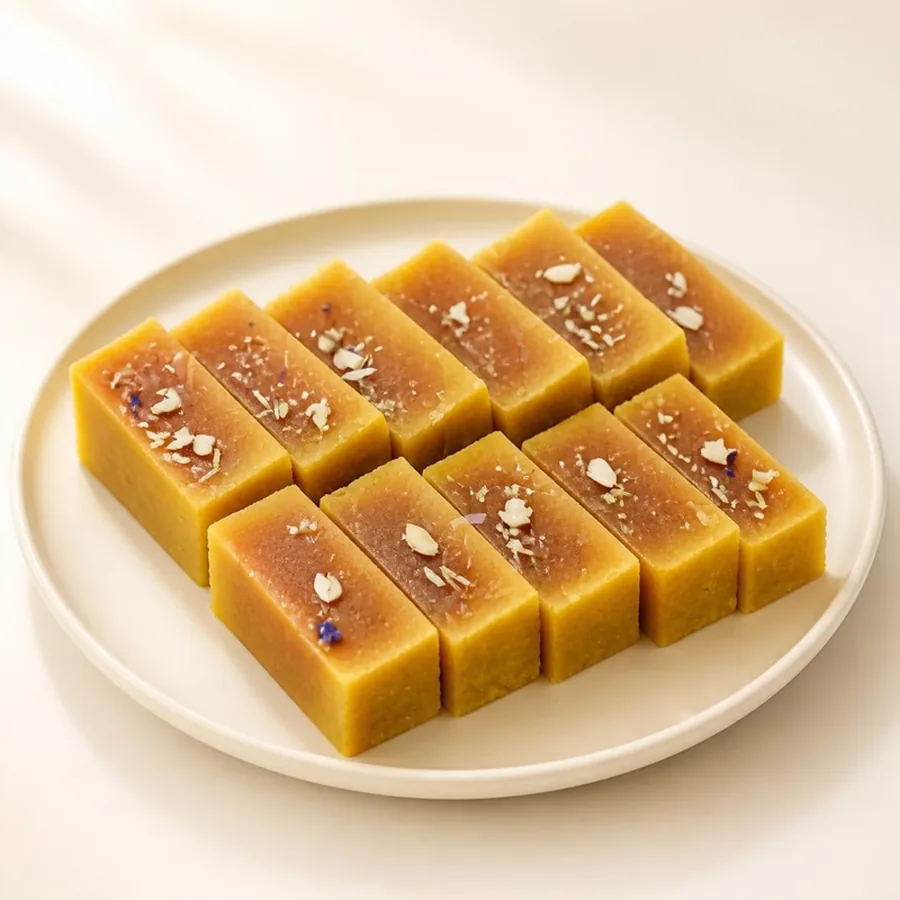 Mysore Pak on an ivory plate — Annapoorna Sweets