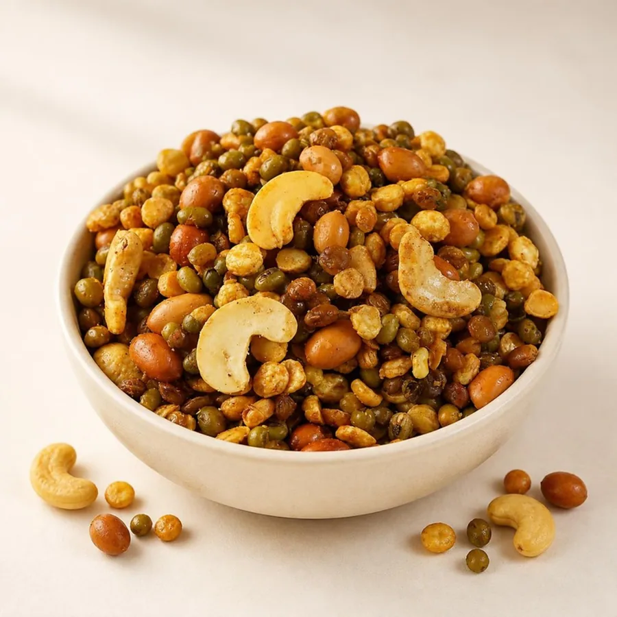 Nut & Lentil Mixture on an ivory plate — Annapoorna Sweets