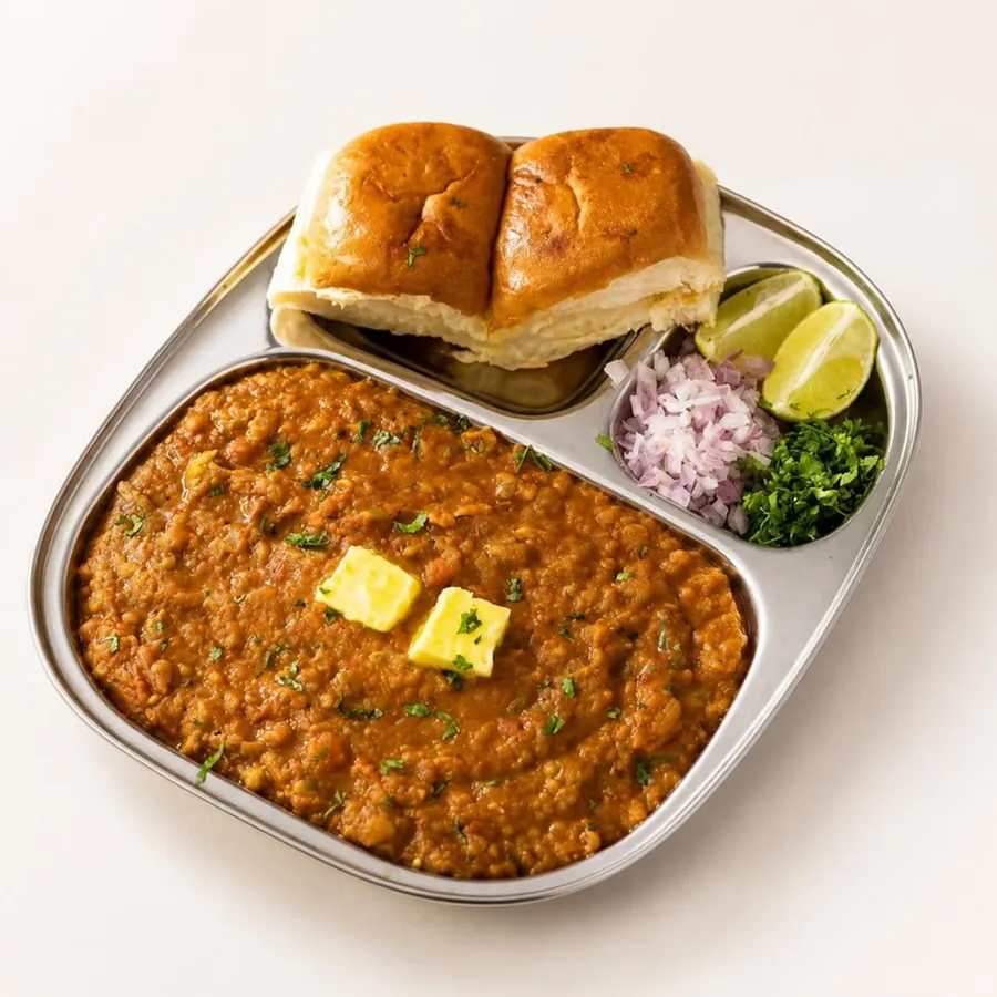 Pav Bhaji on an ivory plate — Annapoorna Sweets