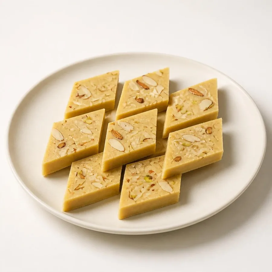 Pista Badam Burfi on an ivory plate — Annapoorna Sweets