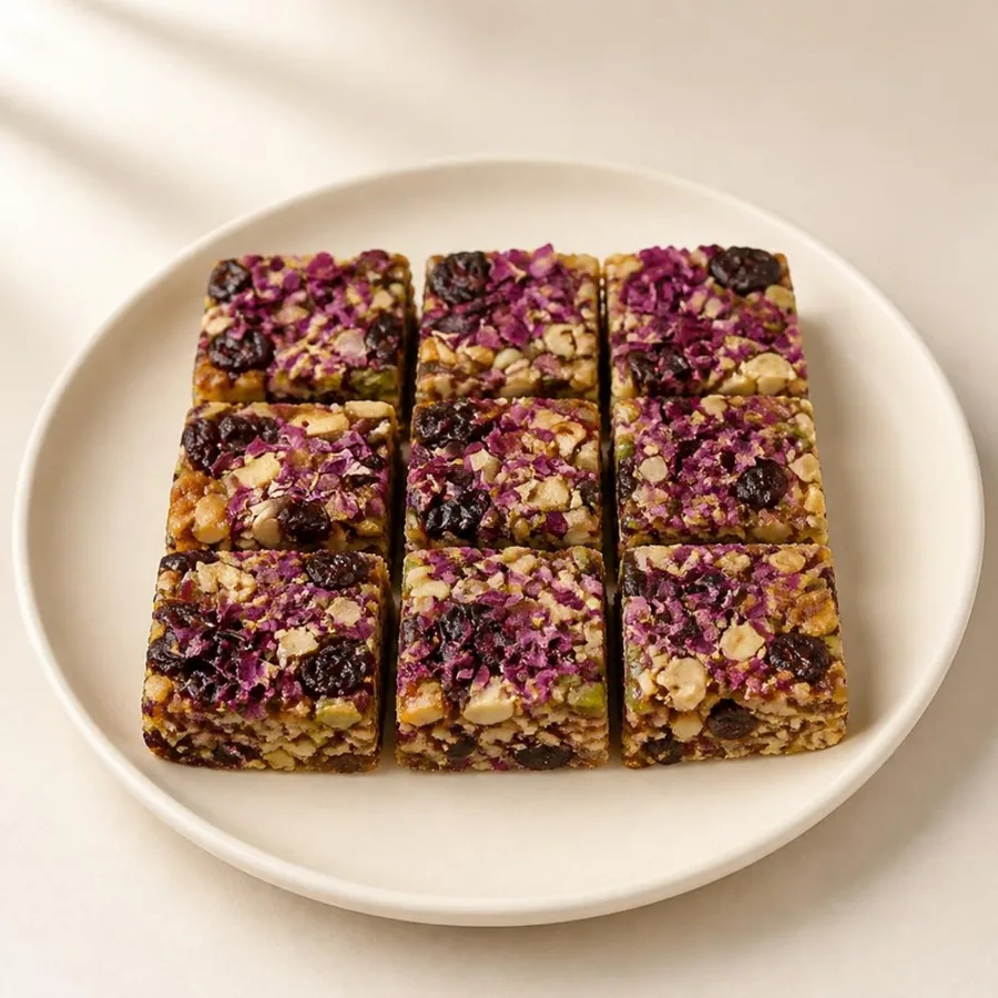 Rose Petal & Dry Fruit Squares on an ivory plate — Annapoorna Sweets
