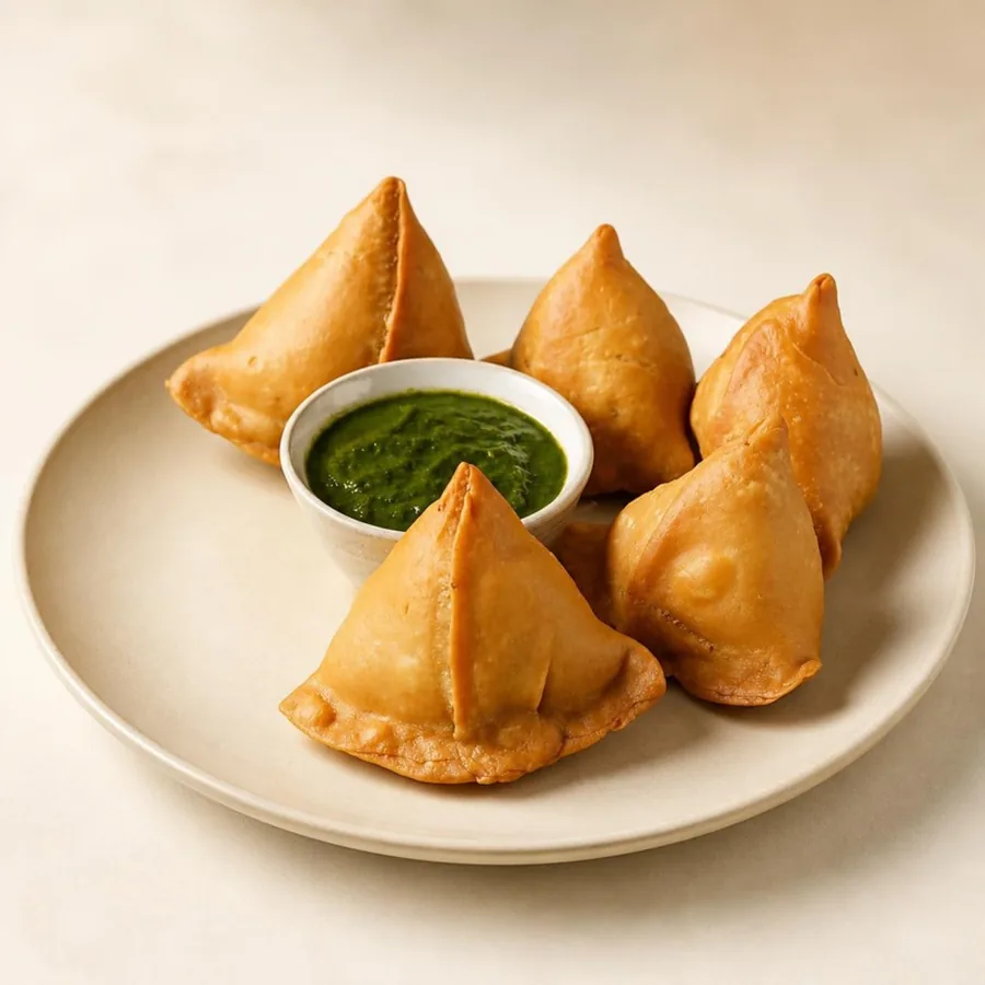 Samosa on an ivory plate — Annapoorna Sweets