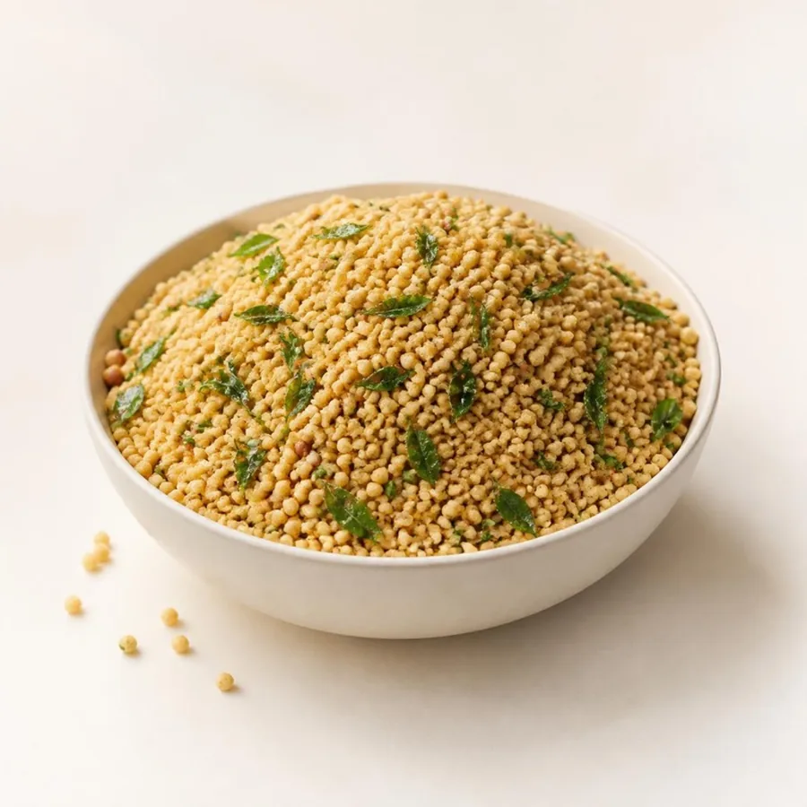 Savoury Boondi on an ivory plate — Annapoorna Sweets