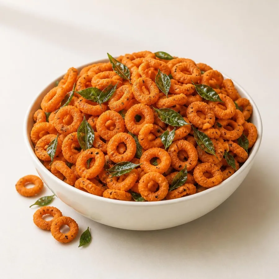 Spicy Ring Murukku on an ivory plate — Annapoorna Sweets