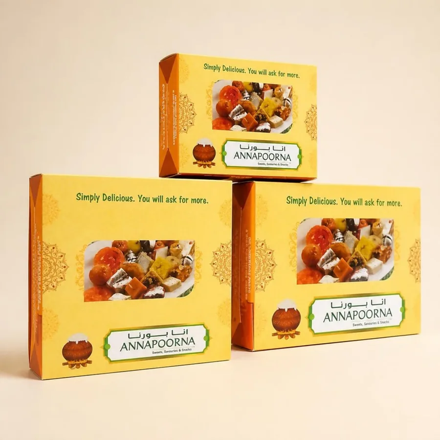 Annapoorna Takeaway Box on an ivory plate — Annapoorna Sweets