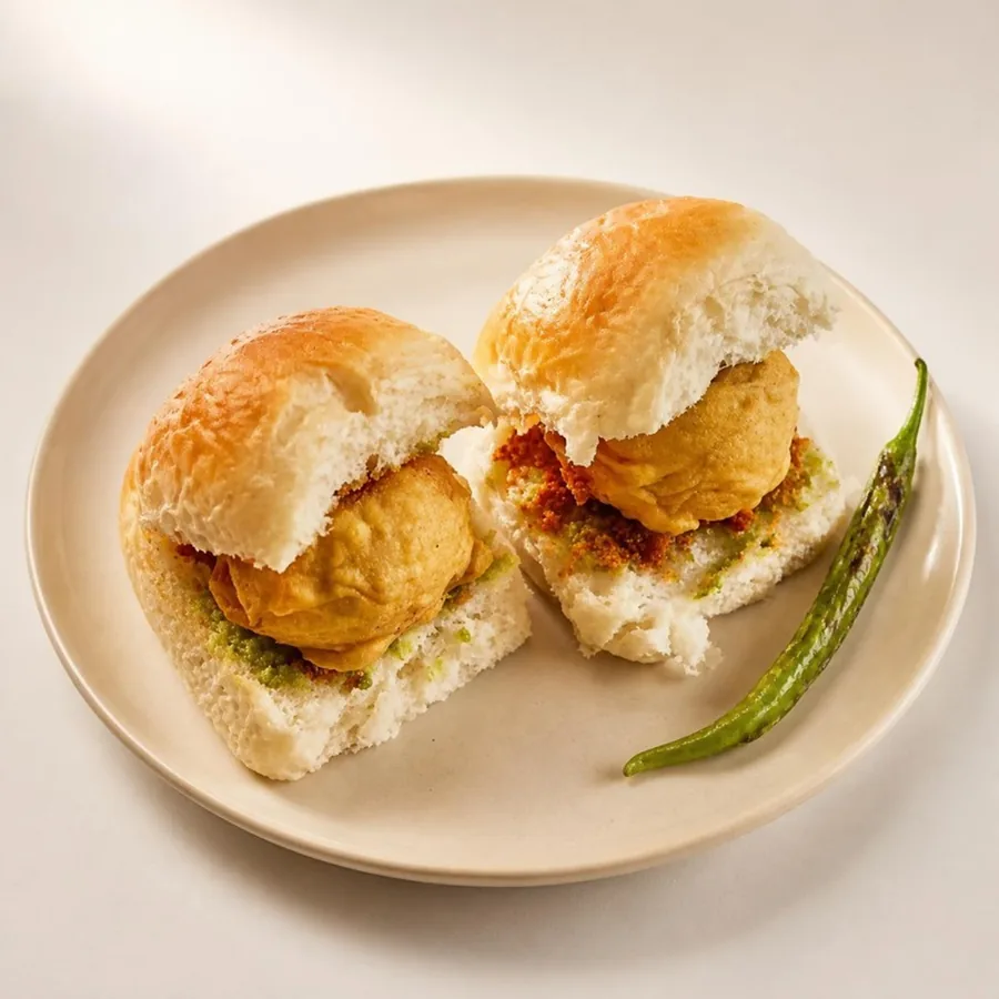 Vada Pav on an ivory plate — Annapoorna Sweets
